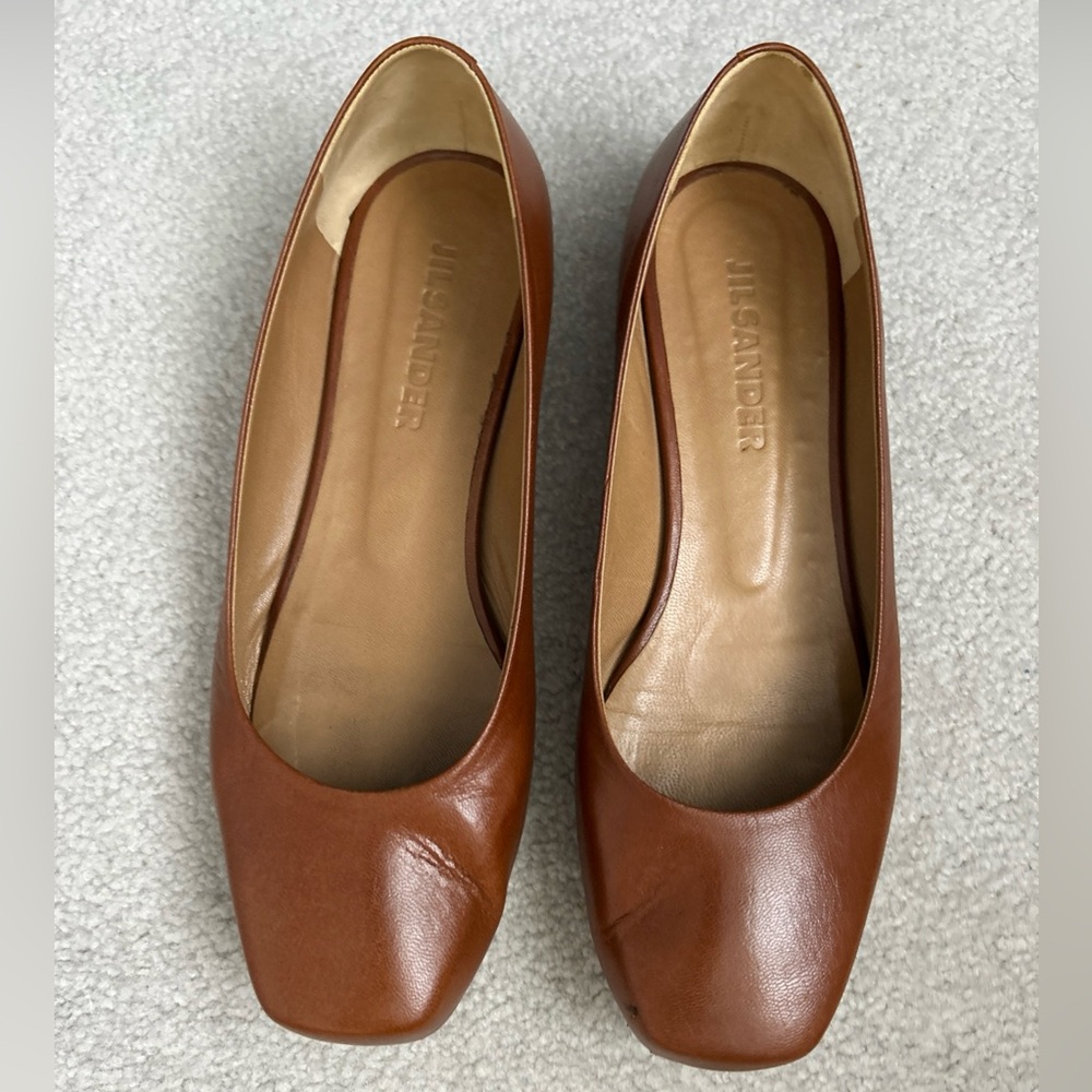 Jil Sander Light Brown Leather Square Toe Flat Ballet Shoes Size 37 7 - Picture 3 of 13